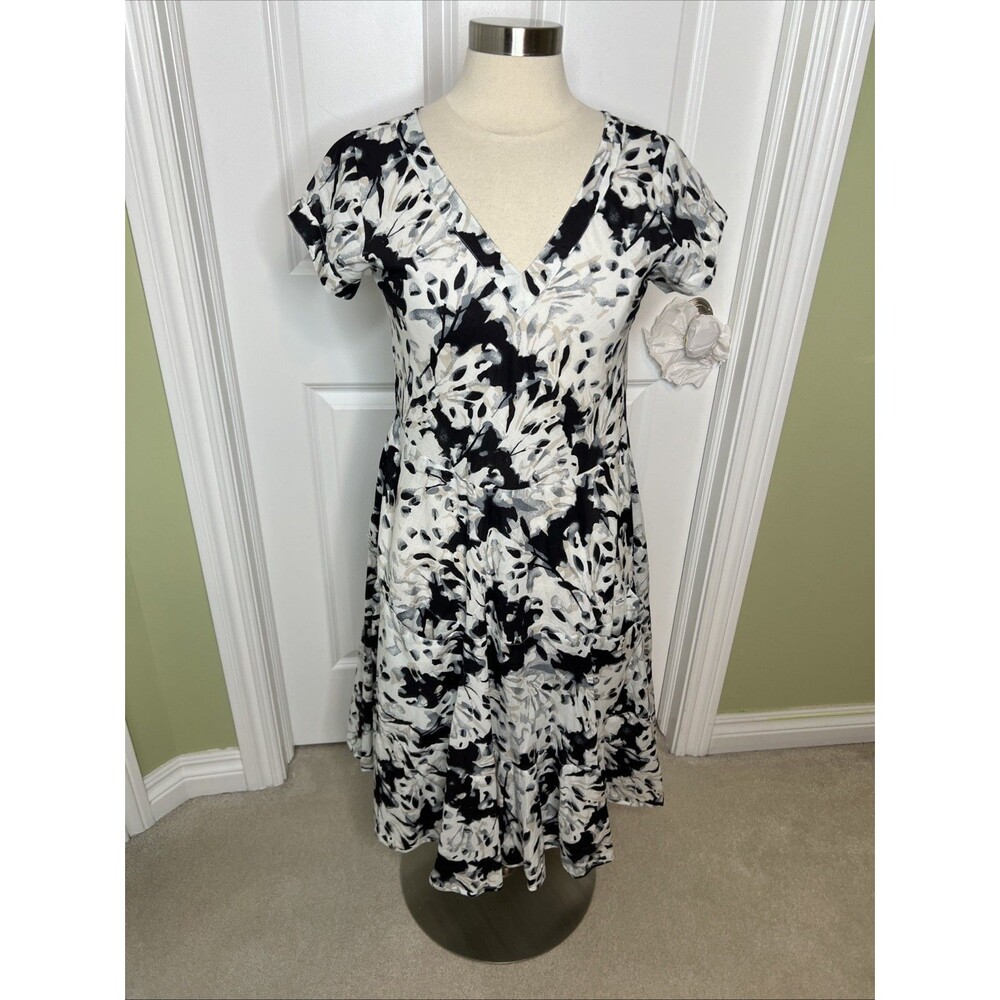 Dress Addict Midi Black Floral Print Womens S Short Sleeve Pockets Lagenlook EUC